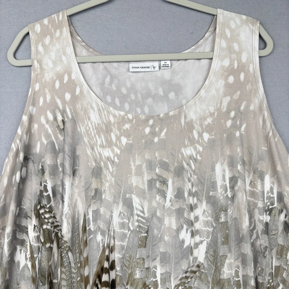 Susan Graver Liquid Knit Tank Top Womens 3X Feather Print Scoop Neck Eclectic